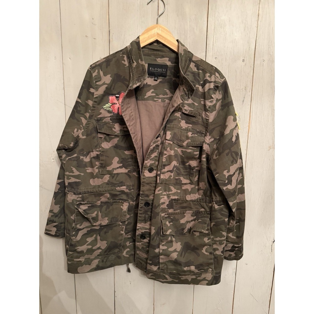 Eloquii Womens 18 Military Camo Utility Cargo Jacket Patch Button Cinch